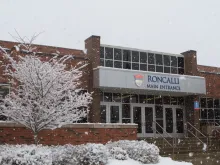Photo of the main entrance of Roncalli High School in Indiana.