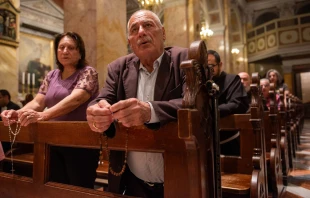 Local Christians pray the rosary during a prayer service hosted by the Franciscan friars of the Custody of the Holy Land on Saturday, Oct. 14, 2023, in St. Saviour's Church, Jerusalem. Credit: Marinella Bandini