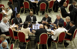 Father Ivan Montelongo, age 30 (seated at left), of El Paso, Texas, is one of 11 U.S. delegates to the Synod on Synodality. Credit: Daniel Ibáñez/EWTN