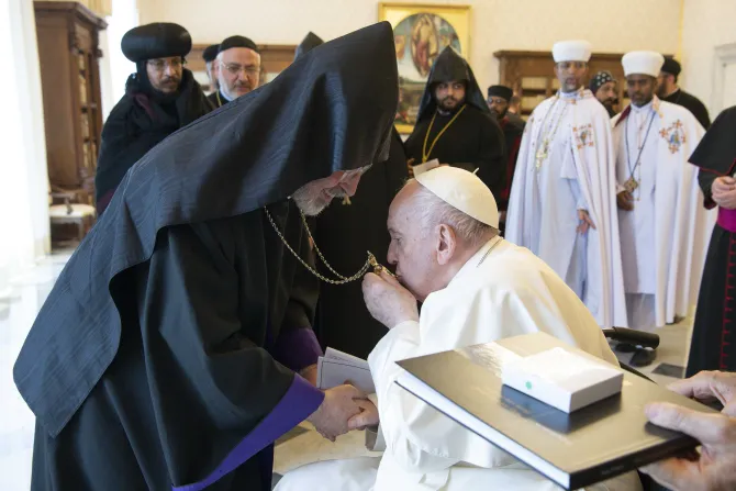 Pope Francis meets with a delegation of priests and monks from Oriental Orthodox Churches at the Vatican on June 3, 2022.