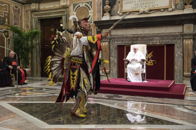 Pope Francis meets Canadian Indigenous leaders at the Vatican on April 1, 2022.