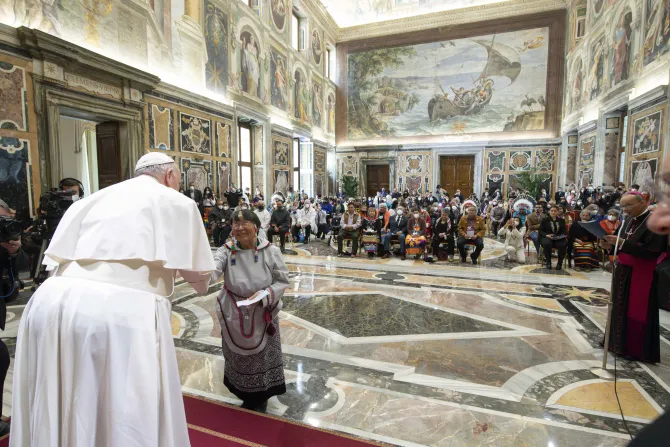 Pope Francis meets Canadian Indigenous leaders at the Vatican on April 1, 2022.