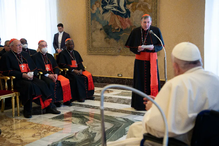 Cardinal Kurt Koch, president of the Pontifical Council for Promoting Christian Unity, addresses Pope Francis at the Vatican, May 6, 2022.?w=200&h=150