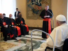 Cardinal Kurt Koch, president of the Pontifical Council for Promoting Christian Unity, addresses Pope Francis at the Vatican, May 6, 2022.