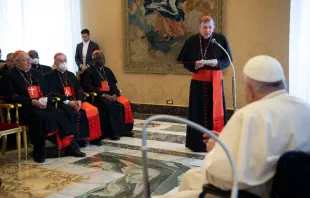 Cardinal Kurt Koch, president of the Pontifical Council for Promoting Christian Unity, addresses Pope Francis at the Vatican, May 6, 2022. Vatican Media.