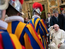 Pope Francis with new Swiss Guard recruits in the Vatican’s Clementine Hall on May 6, 2022.
