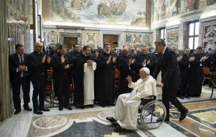 Pope Francis meets with the Pontifical Liturgical Institute in the Apostolic Palace on May 7, 2022. Vatican Media