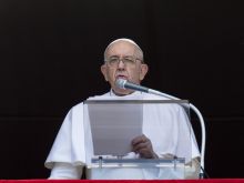Pope Francis gives his weekly Angelus address on Sunday, Aug. 7, 2022.