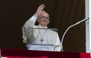 Pope Francis greets a crowd of an estimated 25,000 people gathered in St. Peter's Square in Rome for his Regina Caeli address on May 22, 2022. Vatican Media