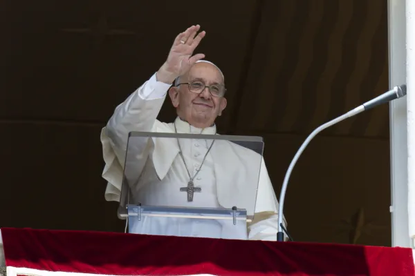 Pope Francis greets a crowd of an estimated 25,000 people gathered in St. Peter's Square in Rome for his Regina Caeli address on May 22, 2022. Vatican Media