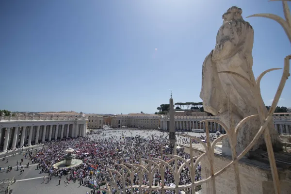 Pilgrims gather at St. Peter's Square in Rome on May 22, 2022, for Pope Francis' Regina Caeli address. Vatican Media