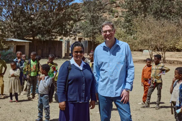 Mary's Meals founder Magnus MacFarlane Barrow is pictured here with Daughter of Charity Sister Medhin Tesfay during his visit to Tigray in March 2024. The two Catholic organizations have partnered for many years in the region to feed children in schools. Credit: Armstrong Studios//2024