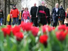 Bishop Hans van den Hende walks in Keukenhof park in Lisse, Netherlands, on April 12, 2022.