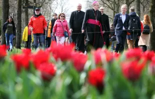 Bishop Hans van den Hende walks in Keukenhof park in Lisse, Netherlands, on April 12, 2022. Credit: Ramon Mangold/Diocese of Rotterdam