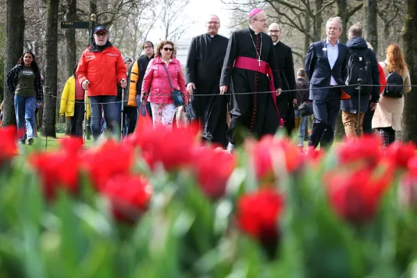 Bishop Hans van den Hende walks in Keukenhof park in Lisse, Netherlands, on April 12, 2022. Ramon Mangold/Diocese of Rotterdam.