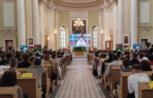 Young Catholics participating in the 10th edition of the Russian Youth Gathering in St. Petersburg, Russia, watch a livestream of Pope Francis at the Basilica of St. Catherine of Alexandria on Aug. 25, 2023. Credit: Basilica of St. Catherine of Alexandria