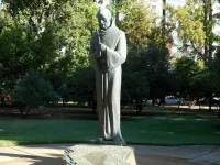 A statue of St. Junipero Serra outside the California capitol in Sacramento, which was destroyed by a mob July 4, 2020.