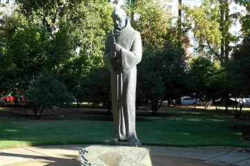 A statue of St. Junipero Serra outside the California capitol in Sacramento, which was destroyed by a mob July 4, 2020.