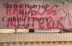 Vandalism at Sacred Heart of Mary parish in Boulder, Colo., Sept. 29, 2021. Mark Evevard