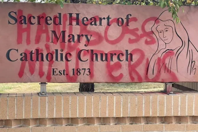 Vandalism at Sacred Heart of Mary parish in Boulder, Colo., Sept. 29, 2021.