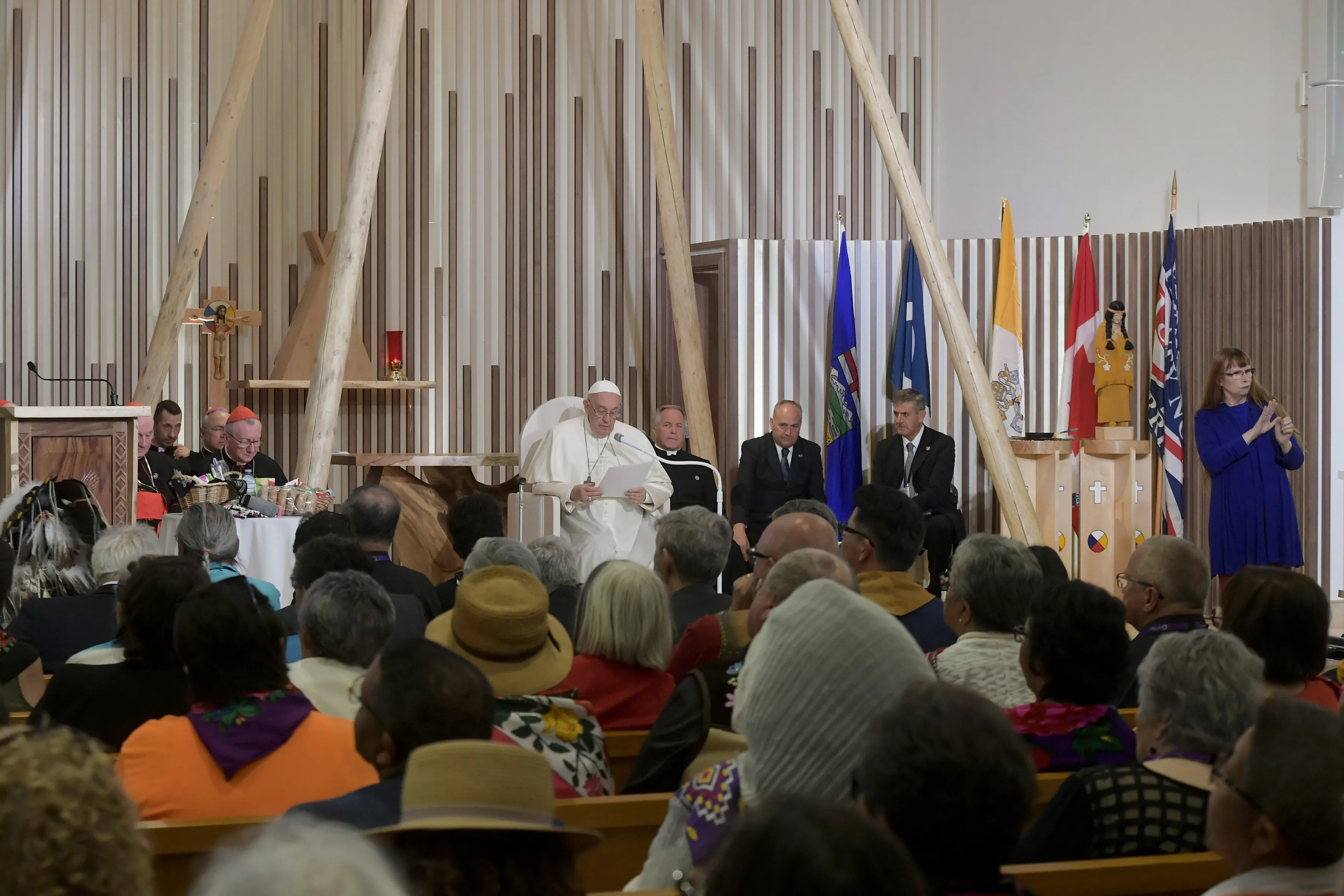 Pope Francis speaks at a meeting with indigenous peoples and members of Sacred Heart parish in Edmonton, Canada, July 25, 2022.?w=200&h=150