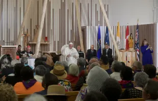 Pope Francis speaks at a meeting with indigenous peoples and members of Sacred Heart parish in Edmonton, Canada, July 25, 2022. Vatican Media