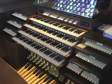 Saint John’s Abbey organ console. Martin Pasi did a project expanding the abbey organ beginning in 2019 and after coming to know the monks, came up with the idea of moving his organ-building operation there.