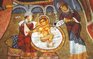 Salome (right) and the midwife "Emea" (left), bathing the infant Jesus, are common figures in Orthodox icons of the Nativity of Jesus; here in a 12th-century fresco from Cappadocia. Public Domain