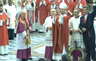 Archbishop Domenico Battaglia holds up the reliquary with the liquefied blood of St. Januarius on the martyr bishop's feast day Sept. 19, 2023. The announcement that the blood had liquefied was made at the start of Mass in the Naples Cathedral by Abbot Vincenzo De Gregorio. Screenshot / YouTube channel Chiesa di Napoli