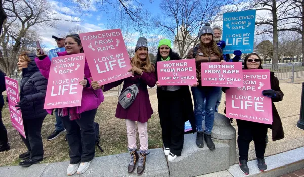 Mothers from rape and children who were conceived in rape with the group Save the 1, led by Rebecca Kiessling, share that “I love my life” and “I love my child” at the March for Life in Washington, D.C., on Jan. 20, 2023. Katie Yoder/CNA
