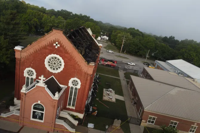 Mary Queen of Angels Catholic Church in Fort Scott, Kan., damaged after a fire, Aug. 30, 2022.