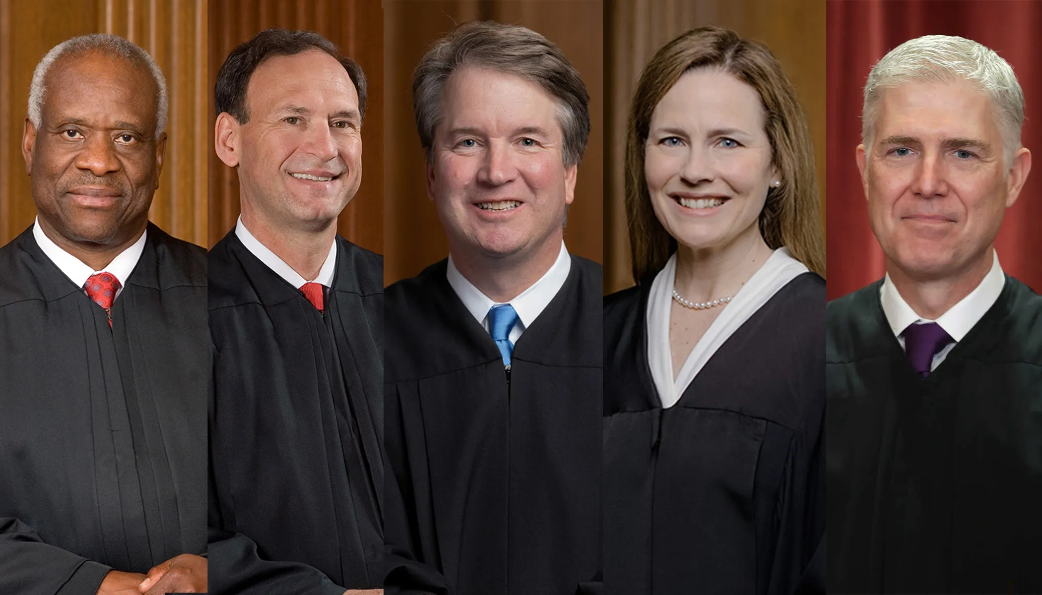 Left to right, Supreme Court associate justices Clarence Thomas, Samuel A. Alito Jr., Brett M. Kavanaugh, Amy Coney Barrett, and Neil M. Gorsuch.?w=200&h=150
