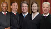 Left to right, Supreme Court associate justices Clarence Thomas, Samuel A. Alito Jr., Brett M. Kavanaugh, Amy Coney Barrett, and Neil M. Gorsuch.