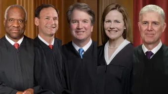 Left to right, Supreme Court associate justices Clarence Thomas, Samuel A. Alito Jr., Brett M. Kavanaugh, Amy Coney Barrett, and Neil M. Gorsuch.