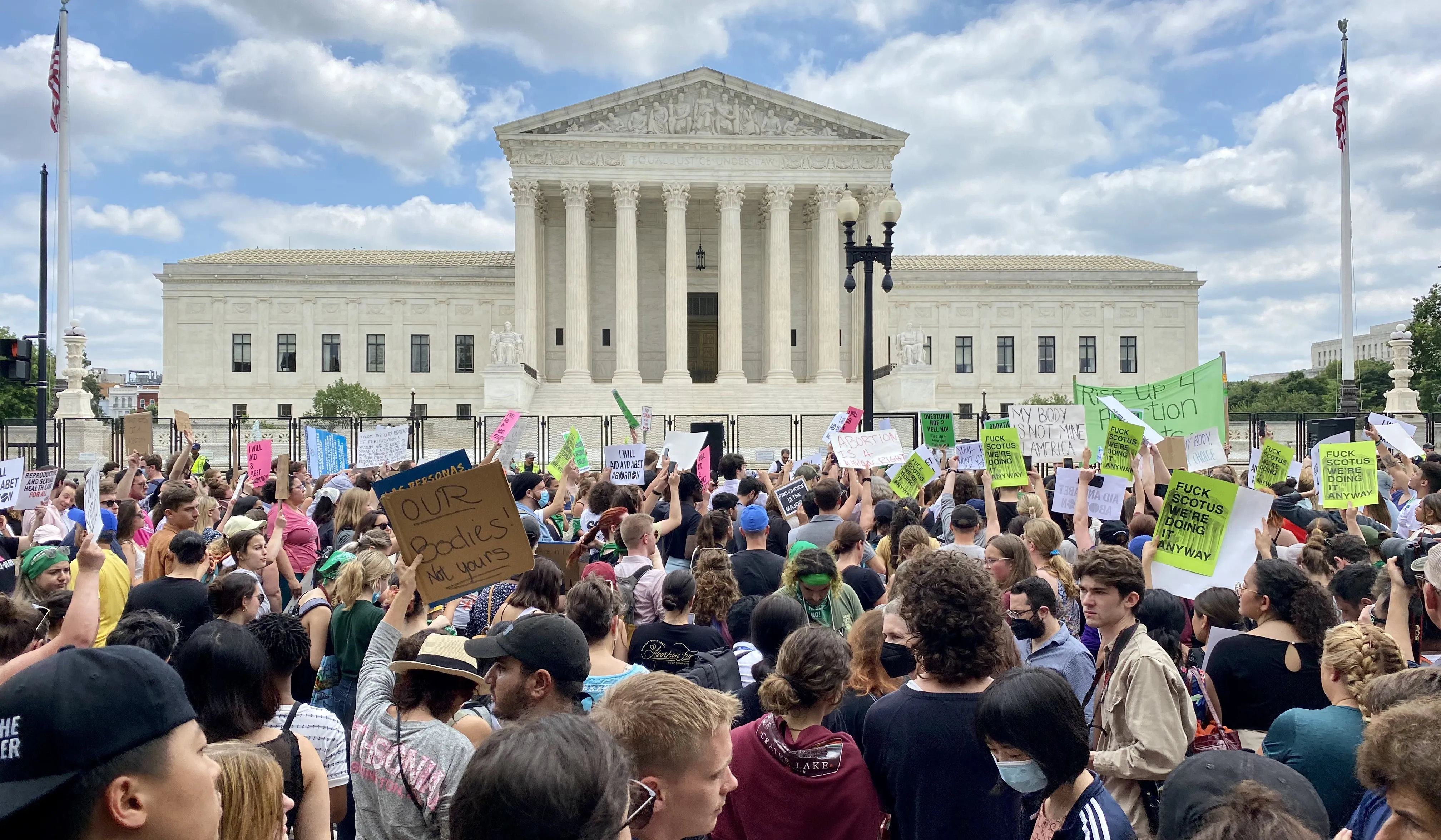 The scene outside the U.S. Supreme Court in Washington, D.C., after the court released its decision in the Dobbs abortion case on June 24, 2022. Pro-abortion demonstrators gradually made up a decided majority of the crowd as the day wore on.?w=200&h=150