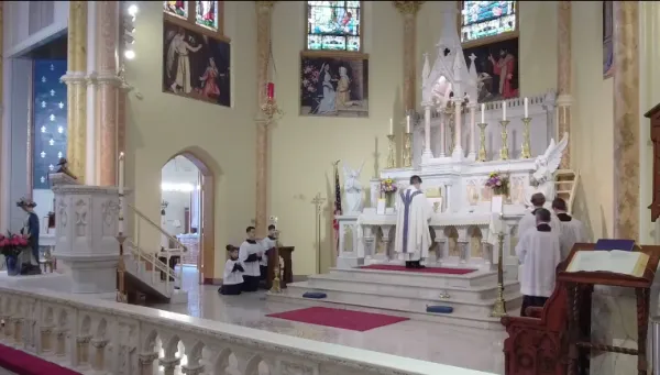Altar boys serving at a Traditional Latin Mass at St. Mary Mother of God parish in Washington, D.C. Screenshot of Facebook livestream video