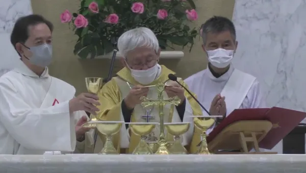 Cardinal Zen offered Mass on May 24, 2022 after appearing in court in Hong Kong. Screenshot from the livestream of the Mass on the cardinal's Facebook page.