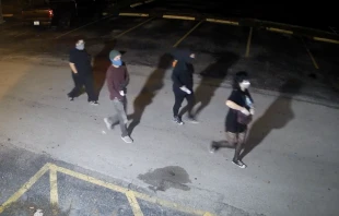 Surveillance footage shows suspects spray-painting pro-abortion slogans on the exterior of South Broward Pregnancy Help Center, a pro-life clinic in Hollywood, Florida, on May 28, 2022. Screenshot from Archdiocese of Miami Vimeo video