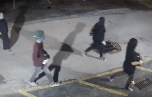 Surveillance footage shows suspects spray-painting pro-abortion slogans on the exterior of South Broward Pregnancy Help Center, a pro-life clinic in Hollywood, Florida, on May 28, 2022. Screenshot from Archdiocese of Miami Vimeo video