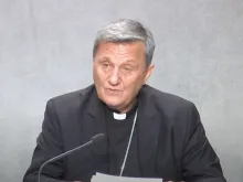 Cardinal Mario Grech speaking at the press conference in the Vatican on Aug. 26, 2022