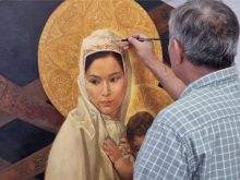 Kazakh artist Dosbol Kasymov works on the icon “Mother of the Great Steppe” in advance of Pope Francis’ Sept. 13-15 trip to Kazakhstan.