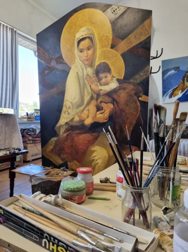 "The Mother of the Great Steppe” in progress in the studio of artist Dosbol Kasymov on Aug. 5, 2022. Alexey Gotovsky/CNA