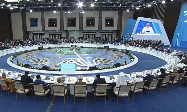 Pope Francis speaking at the interreligious congress in Nur-Sultan, Kazakhstan, Sept. 15, 2022. Vatican Media / YouTube (screenshot)