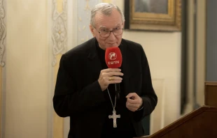 Cardinal Pietro Parolin speaks at an EWTN dinner in Frascati, Italy, Oct. 19, 2022. Credit: Daniel Ibáñez/CNA