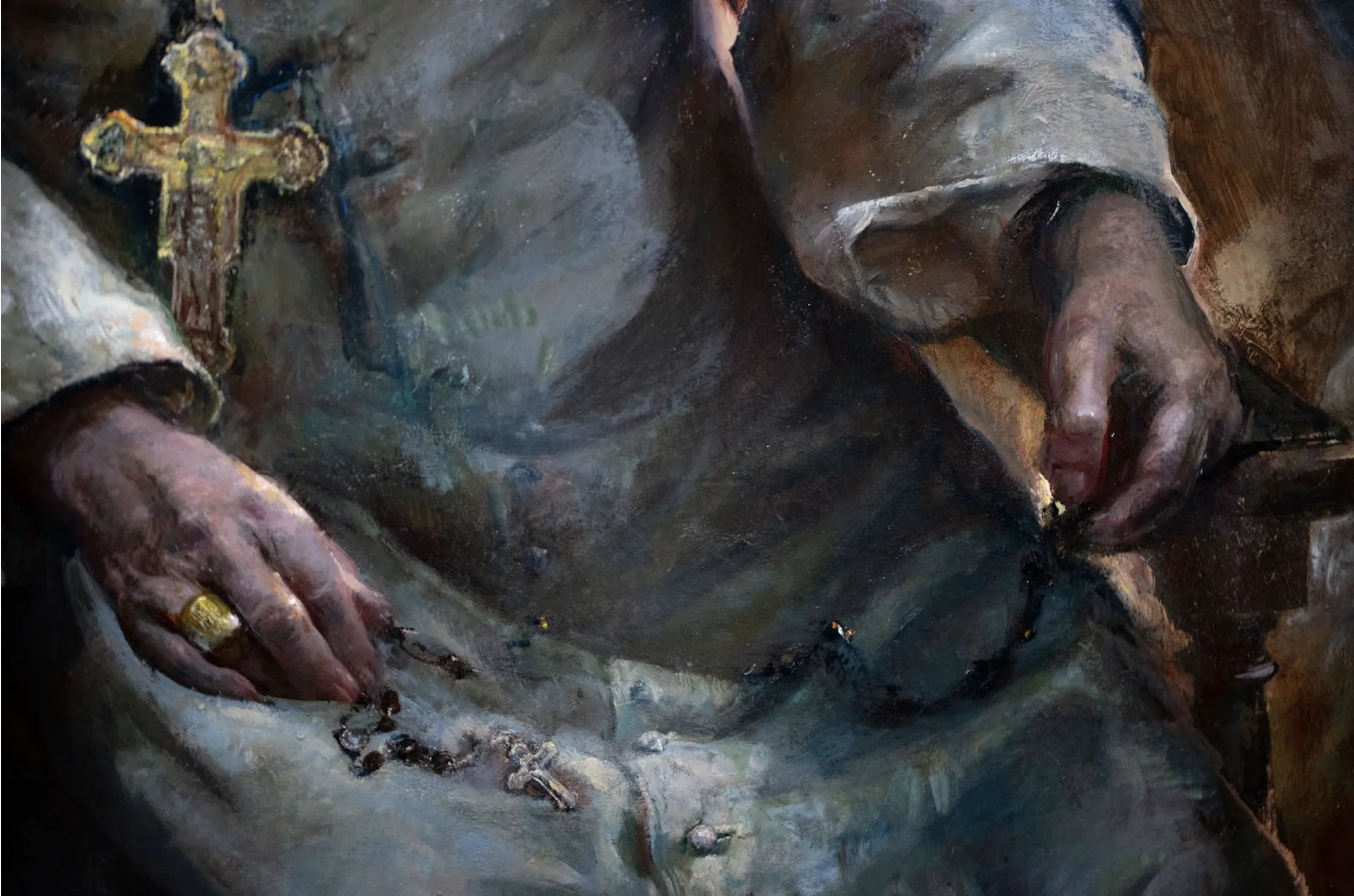 A detail of Tsarkova’s painting showing Benedict XVI’s pectoral cross, his fisherman’s ring, and his rosary.?w=200&h=150