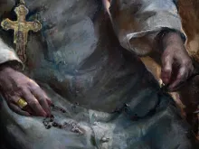 A detail of Tsarkova’s painting showing Benedict XVI’s pectoral cross, his fisherman’s ring, and his rosary.