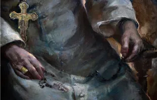 A detail of Tsarkova’s painting showing Benedict XVI’s pectoral cross, his fisherman’s ring, and his rosary. Daniel Ibáñez / CNA