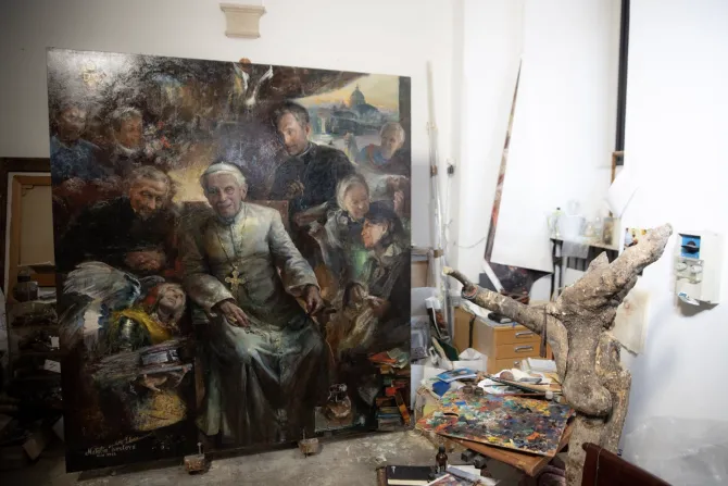 Natalia Tsarkova’s painting of Pope Emeritus Benedict XVI in her studio in Rome.