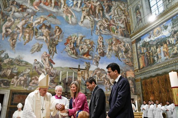 Pope Francis baptized 13 babies in the Sistine Chapel on Jan. 8, 2023. Vatican Media