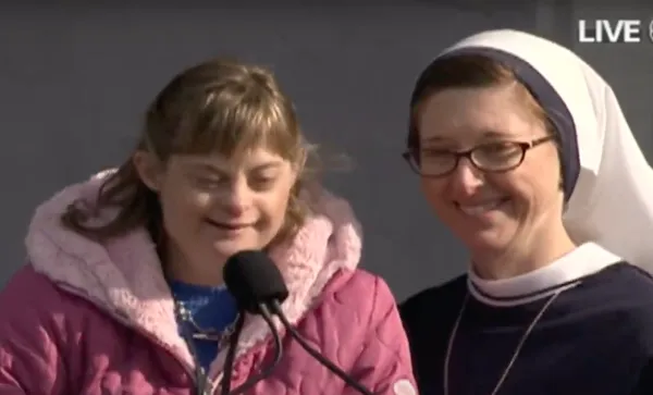 Sr. Mary Casey O'Connor, S.V, and her twin sister who has down syndrome, Casey Gunning, spoke at the March for Life Rally. Screenshot EWTN YouTube.